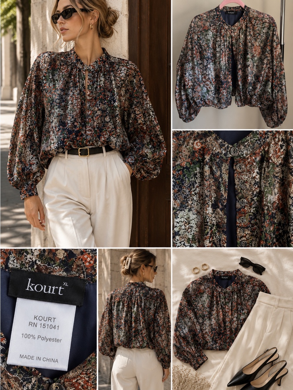 Kourt Metallic Floral Balloon Sleeve Blouse XL Button Front Statement Top